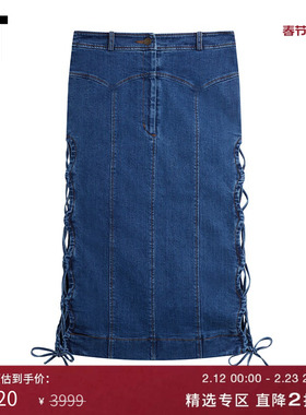 IT REJINA PYO女装牛仔半身裙新品时尚侧边绑带合身直筒裙198LUXI