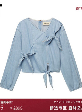 IT PortsPURE新品系结装饰牛仔V领上衣20220XN