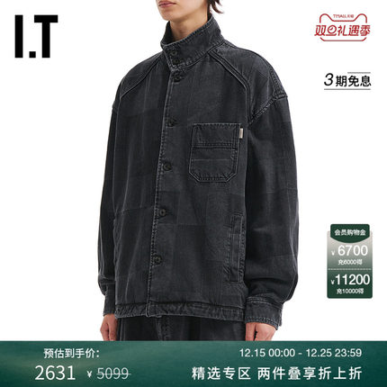 IT JUUN.J男装宽松立领牛仔夹克新款帅气潮酷拼块设计水洗外套