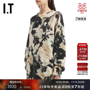 新款 破坏感破洞针织衫 时髦气质满幅花卉图案宽松薄毛衣 R13女装