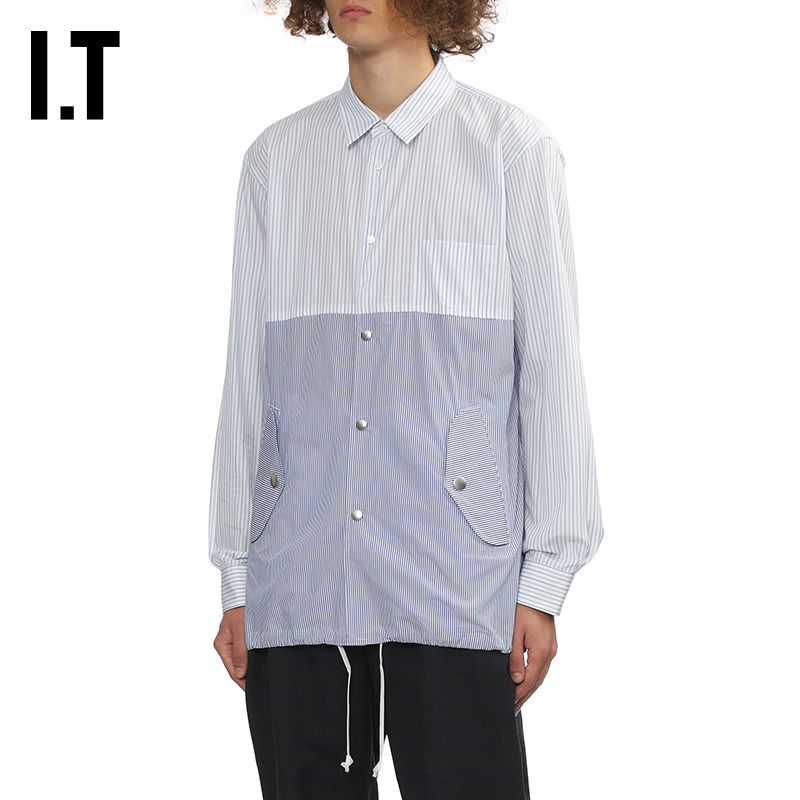 IT条纹拼接宽松长袖衬衫