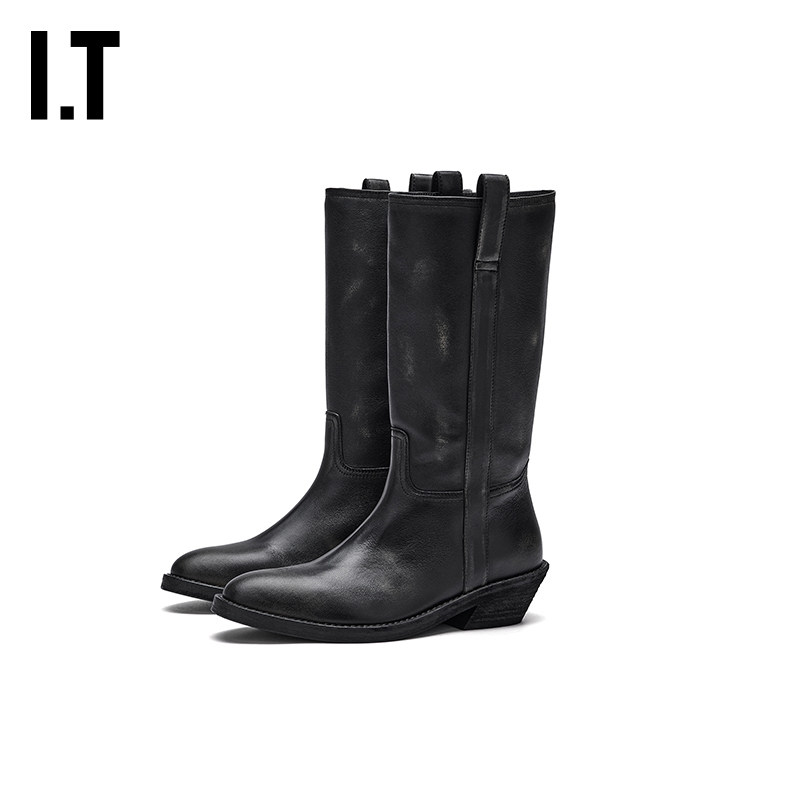 IT Ann Demeulemeester女款粗跟高筒靴新款尖头小腿靴皮靴骑士靴