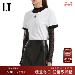 IT MARINE SERRE女装撞色包边短袖T恤新款简约休闲新月刺绣内搭