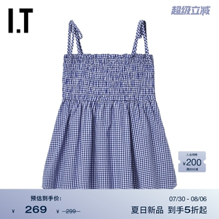 甜美少女缩褶吊带衫 细格纹吊带上衣新款 WITTH 8006AUO LOVE女装