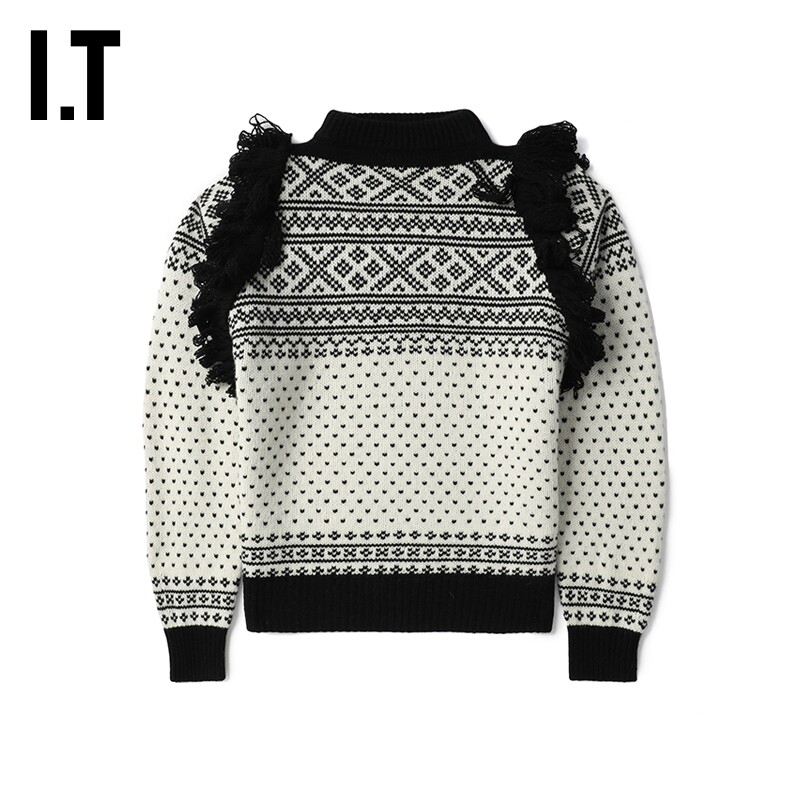 IT HYKE女装小高领羊毛针织衫新款复古文艺嵌花花毛衣113292XL