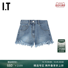 IT SJYP女装合身牛仔短裤新款时尚热辣水洗磨白毛边热裤PC2400XM