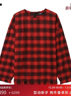 IT We11Done女装宽松格纹上衣新款复古文艺流苏毛边格子衫182URD