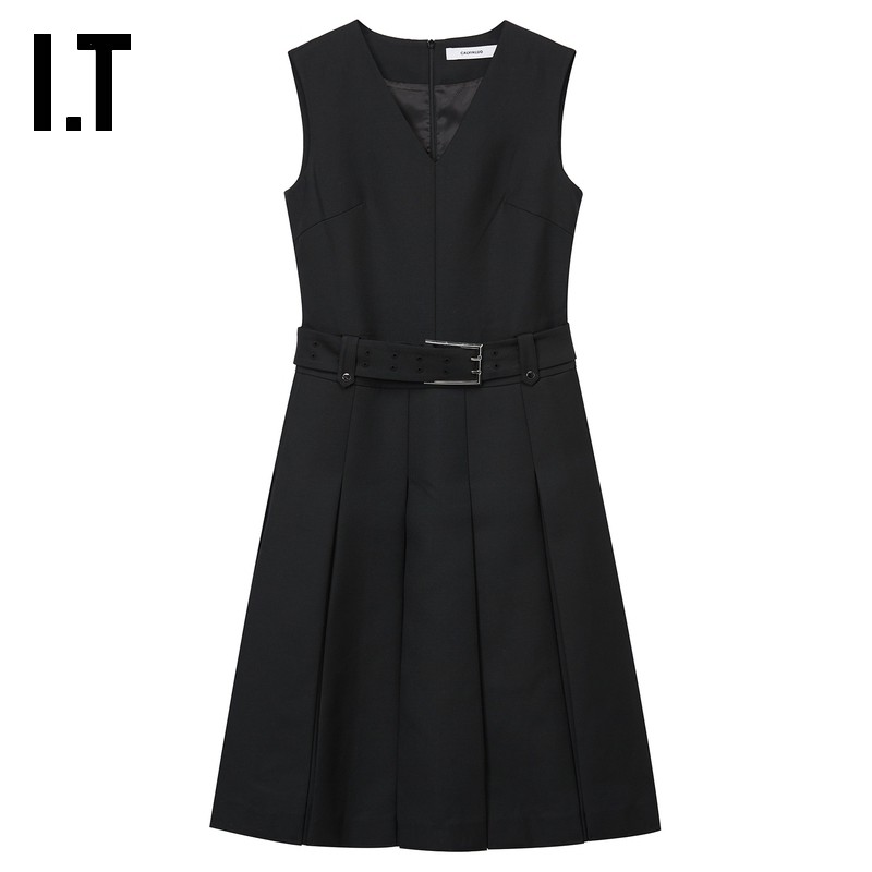 IT CALVIN LUO女装V领无袖连衣裙新款时髦气质褶裥及膝裙038BKXXO,女装/女士精品,连衣裙,淘宝优惠券,粉丝福利购,淘宝优惠卷