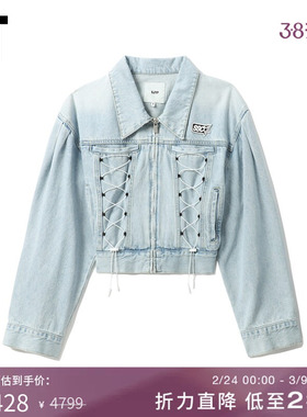 IT SJYP女装翻领拉链牛仔夹克新品复古感绑带细节短外套JM0300XK