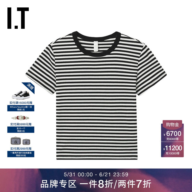 IT WITTH LOVE女装圆领条纹短袖T恤新款青春活力合身上衣1013XUO