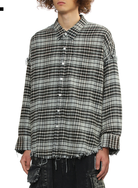 IT R13男装长袖格纹衬衫新款随性街潮做旧毛边格子上衣WR0W25MP