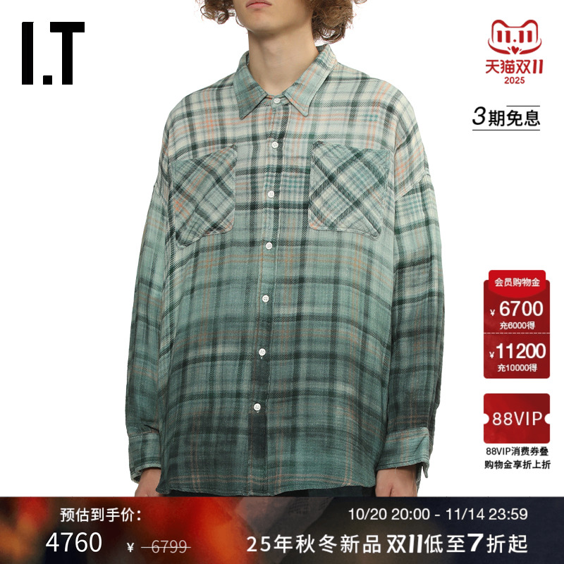 IT R13男装长袖格纹衬衫新款复古随性渐变效果格子上衣015W25MP