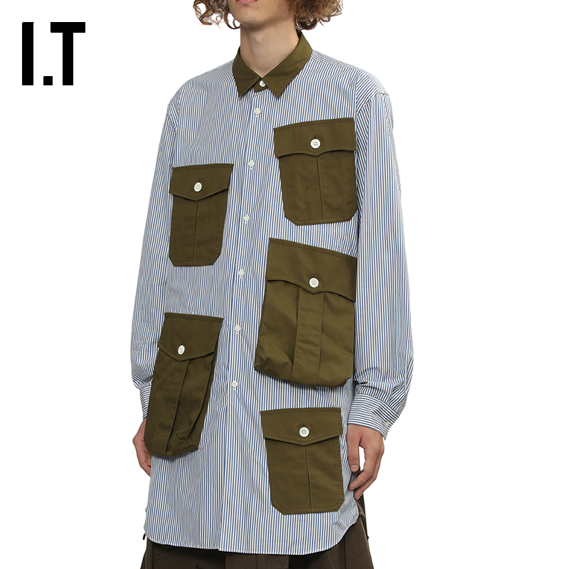 IT饰口袋中长款条纹衬衫