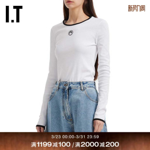 修身 SERRE女装 长袖 T恤新款 上衣 时髦简约新月刺绣打底衫 MARINE