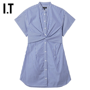 IT rag & bone女装短袖条纹连衣裙新款时髦通勤扭结衬衫裙短裙
