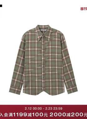 IT ROCKSTEADY男装长袖格纹衬衫新款休闲复古分割线装饰格子上衣