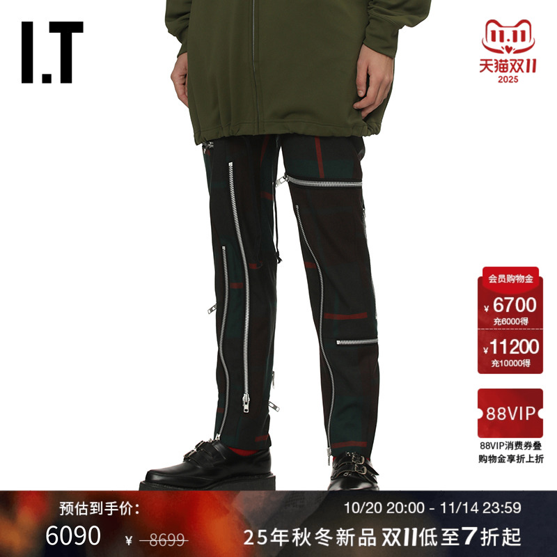 IT拉链装饰合身格纹长裤