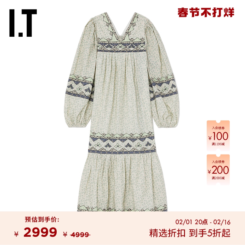 IT SEA女装灯笼袖连衣裙新品复古民族风V领碎花中长裙F2103XL