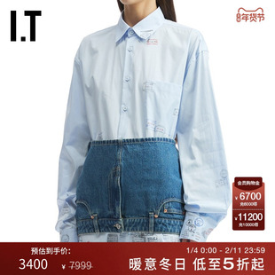 IT VETEMENTS女装中长款长袖衬衫新款时尚男友风邮戳图案印花衬衣