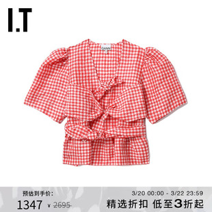 IT GANNI女装格纹短袖上衣新款复古优雅镂空系结格子上衣W08438XP