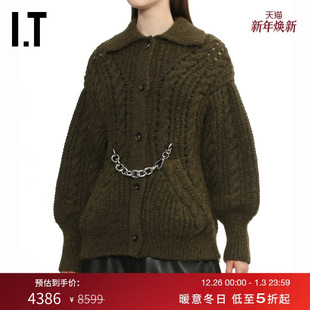 新款 翻领针织开衫 Rocha女装 复古质感镂空绞花毛衣外套 Simone