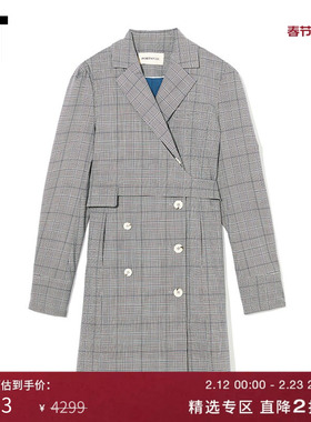 IT PortsPURE女装长袖连衣裙时髦气质饰腰带解构剪裁格纹短裙0124