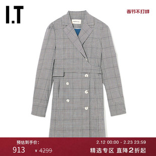 IT PortsPURE女装长袖连衣裙时髦气质饰腰带解构剪裁格纹短裙0124