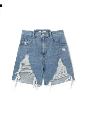 IT SJYP女装牛仔短裤新品欧美街头感毛边破洞纯色高腰裤PC0200XK