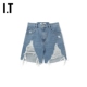 SJYP女装 牛仔短裤 新品 欧美街头感毛边破洞纯色高腰裤 PC0200XK