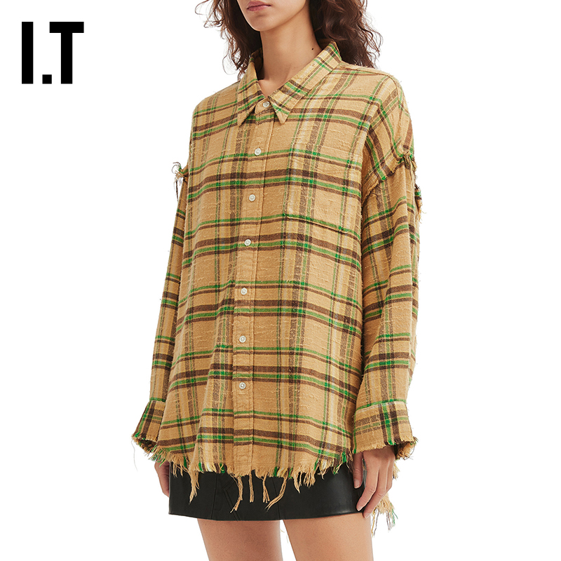 ITR13中长款格纹衬衫随性复古