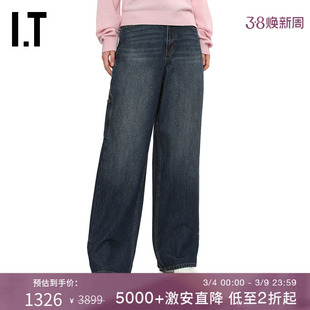 IT BAPY女装阔腿裤牛仔裤新款时尚复古水洗磨白宽松长裤JN6346AP