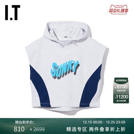 IT SJYP女装飞袖连帽背心新品青春时尚宽松拼色无袖连帽衫2100XK