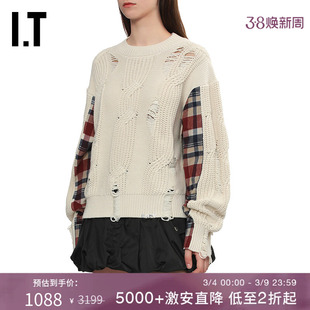 IT BAPY女装宽松圆领针织衫新款格纹拼接绞花破洞毛衣KN4294AP