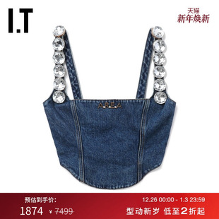 Area 性感辣妹钻饰露脐吊带衫 Nyc女装 牛仔吊带上衣新款 短款