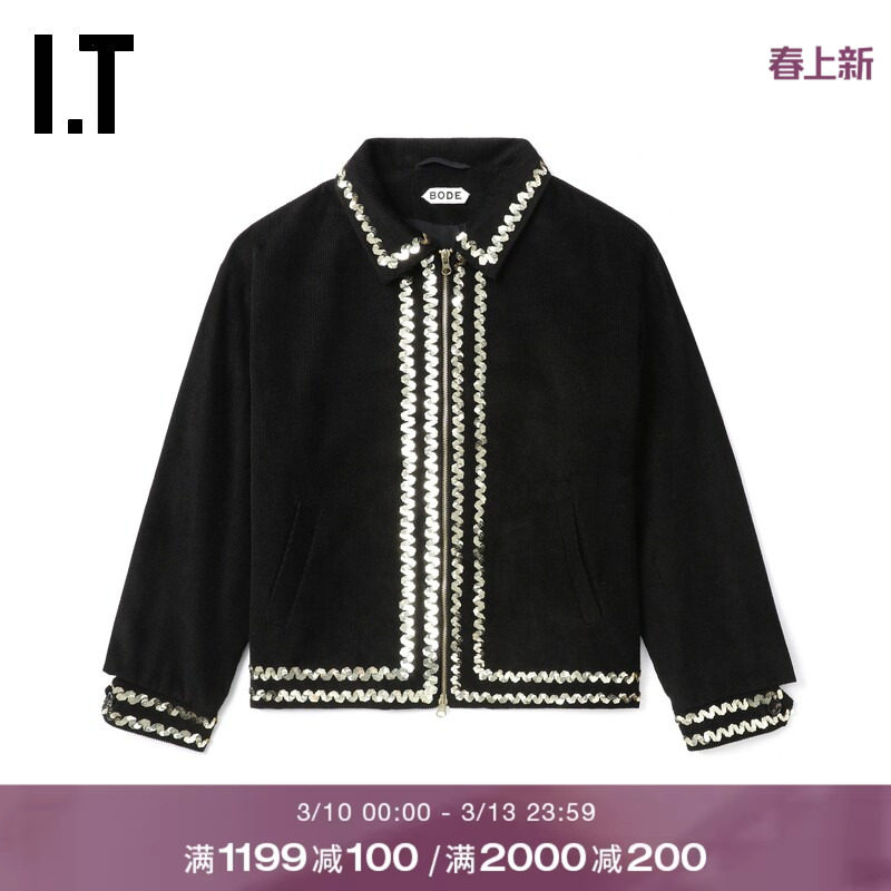 IT BODE男装灯芯绒拉链夹克新款复古文艺亮片装饰翻领外套JA007MN