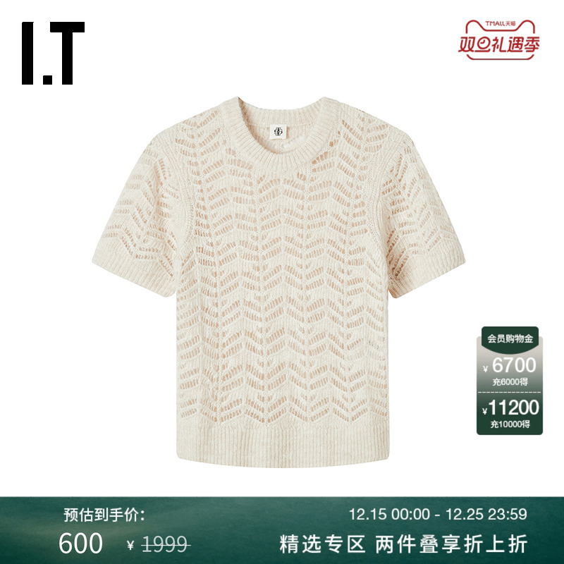 IT The Garment女装圆领短袖针织衫新款时髦质感镂空透视薄毛衣