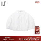 KIMHEKIM女装 新款 短款 泡泡袖 衬衫 时尚 气质翻领露脐上衣02WHXM