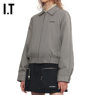 IT We11Done女装千鸟格翻领夹克新款时髦复古拉链工装外套012WBG