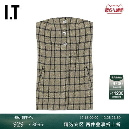 IT GANNI女装抹胸花呢上衣新品复古时髦修身露肩格纹上衣79867XL