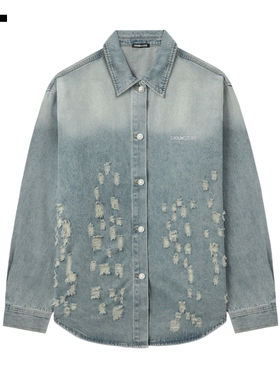 IT GROUNDZERO情侣款牛仔长袖衬衫新款复古街头渐变色磨损上衣