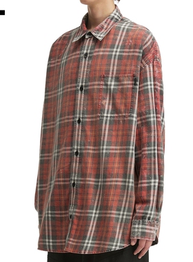 IT JUUN.J男装宽松格纹衬衫新款复古日系做旧格子上衣外搭964P02