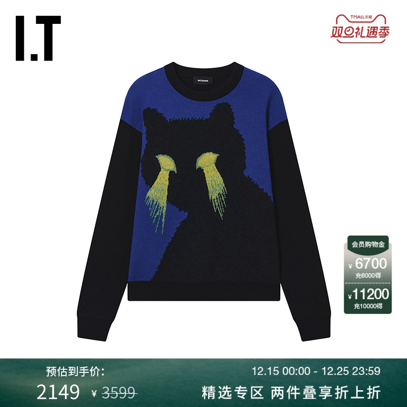 IT We11Done女装圆领针织衫新款时尚趣致猫咪图案装饰羊毛衫毛衣