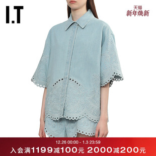 新款 衬衫 宽松牛仔短袖 花纹刺绣镂空廓形上衣 ZIMMERMANN女装