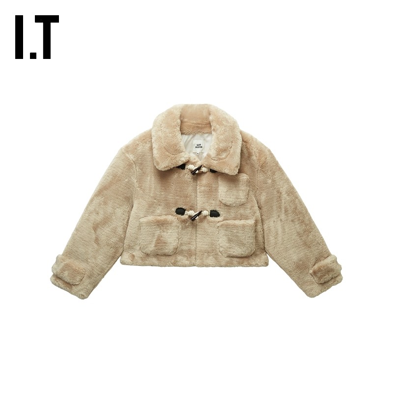 IT SJYP女装宽松仿皮草外套新款时髦摩登牛角扣毛毛大衣OTT07WXN