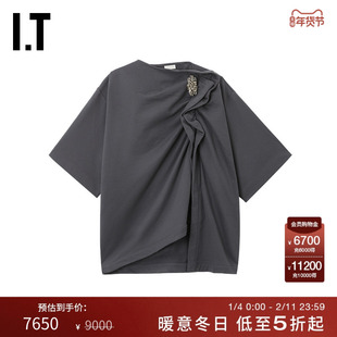 IT DRIES VAN NOTEN女装宽松短袖上衣新款胸针缀饰不规则褶饰半袖