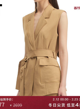 IT PortsPURE女装宽松翻领马甲新款饰腰带中长款无袖上衣RQ7J02XP