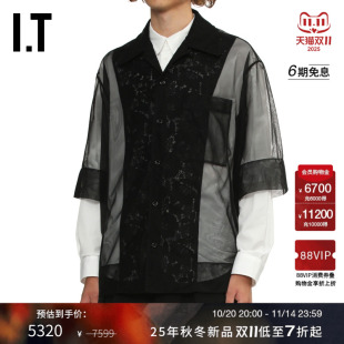 Simone 新款 Rocha男装 衬衫 时髦摩登蕾丝拼接上衣 网纱透视短袖