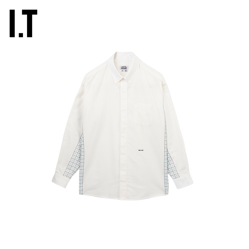 IT A.P.C.男装宽松长袖衬衫新款简约通勤格纹拼接翻领衬衣12677M