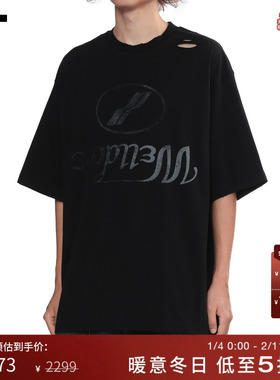 IT We11Done男装宽松短袖T恤新款复古街潮做旧logo印花破洞半袖