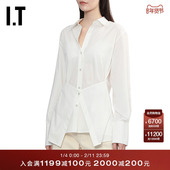 HELMUT 新款 LANG女装 纯色长袖 衬衫 时尚 设计感叠层拼接翻领衬衣